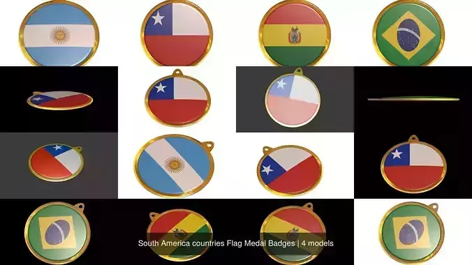South America countries Flag Medal Badges 3D Model Collection