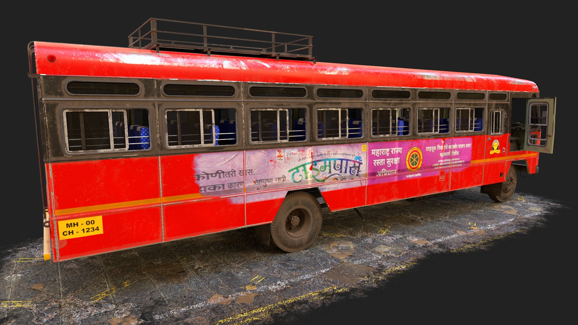 INDIAN ST BUS V1 Old Red and Black Low-poly 3D model_3