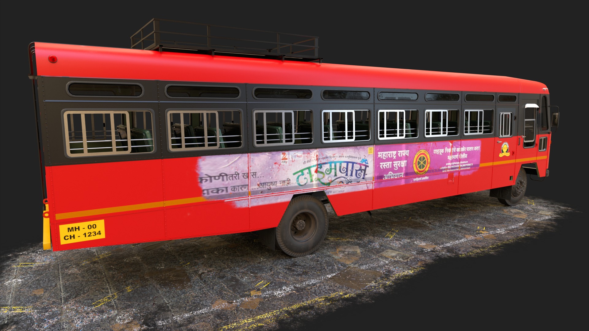 INDIAN ST BUS V 2 Red and Black Low-poly 3D model_3