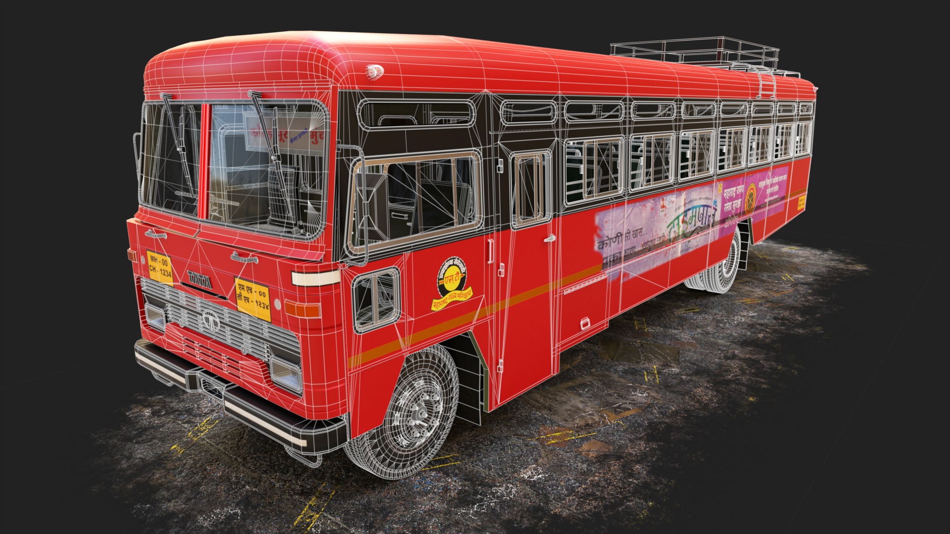 INDIAN ST BUS V 2 Red and Black Low-poly 3D model_19