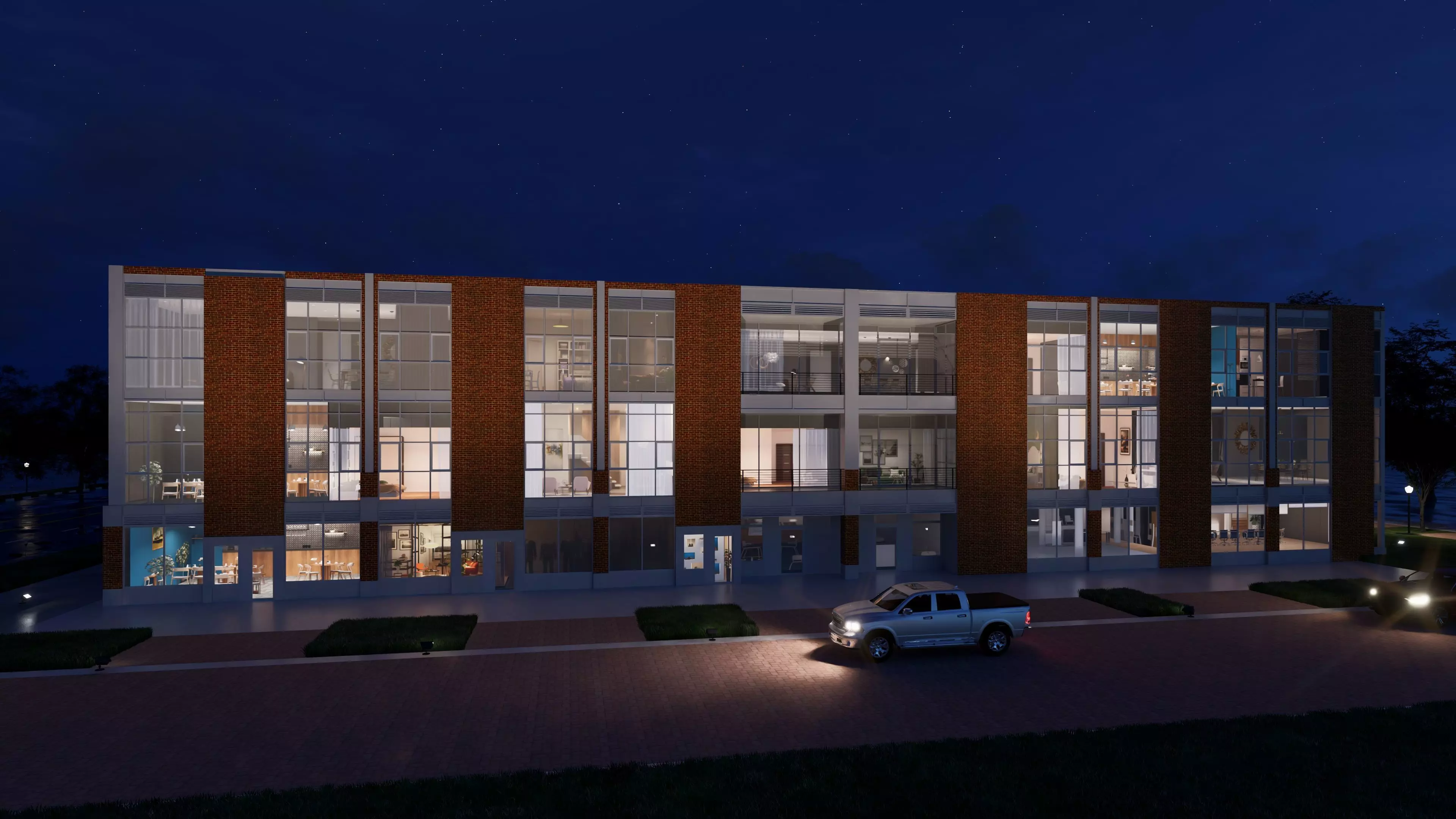 Modern American Multifamily or Mixed Use or office  Building 3D model_0