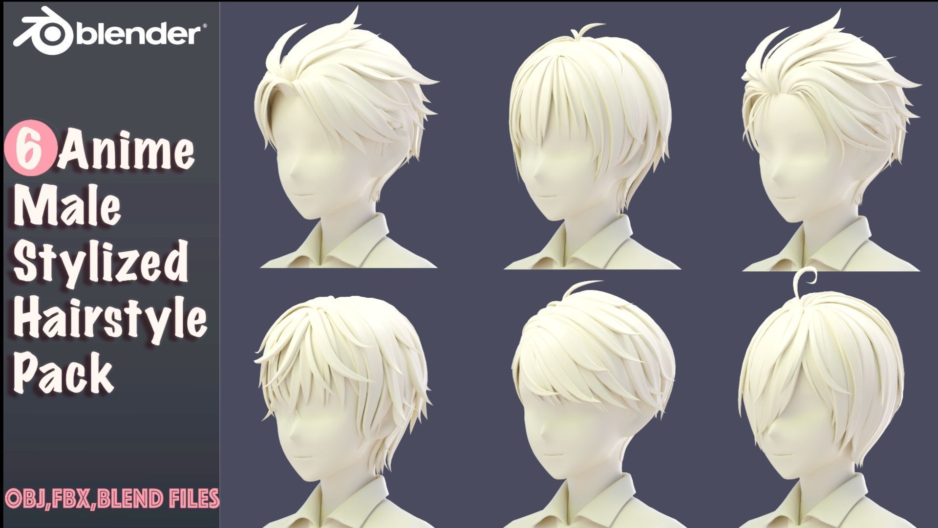6 Stylized Anime Male Hairstyle Pack-low poly-blend-OBJ-FBX Low-poly 3D model_8