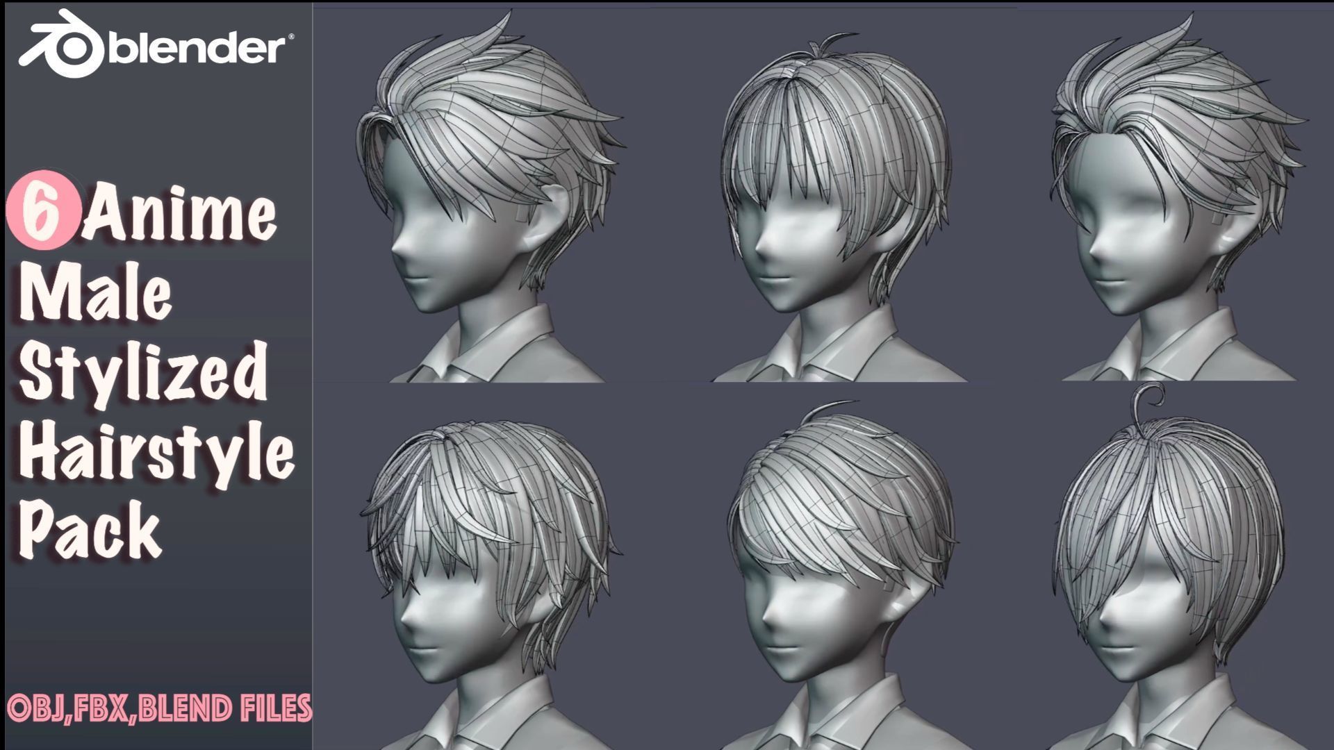 6 Stylized Anime Male Hairstyle Pack-low poly-blend-OBJ-FBX Low-poly 3D model_9