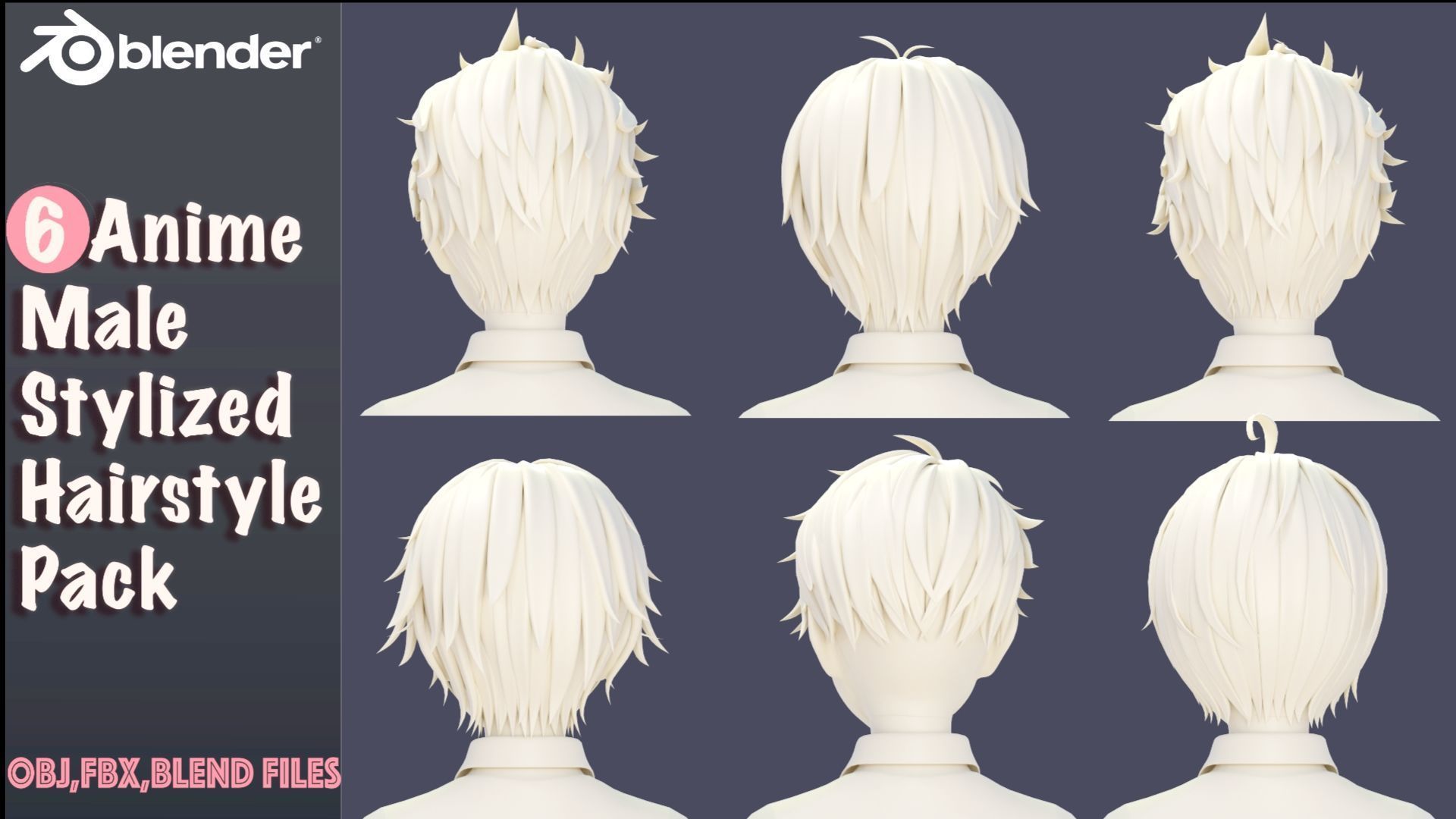 6 Stylized Anime Male Hairstyle Pack-low poly-blend-OBJ-FBX Low-poly 3D model_10