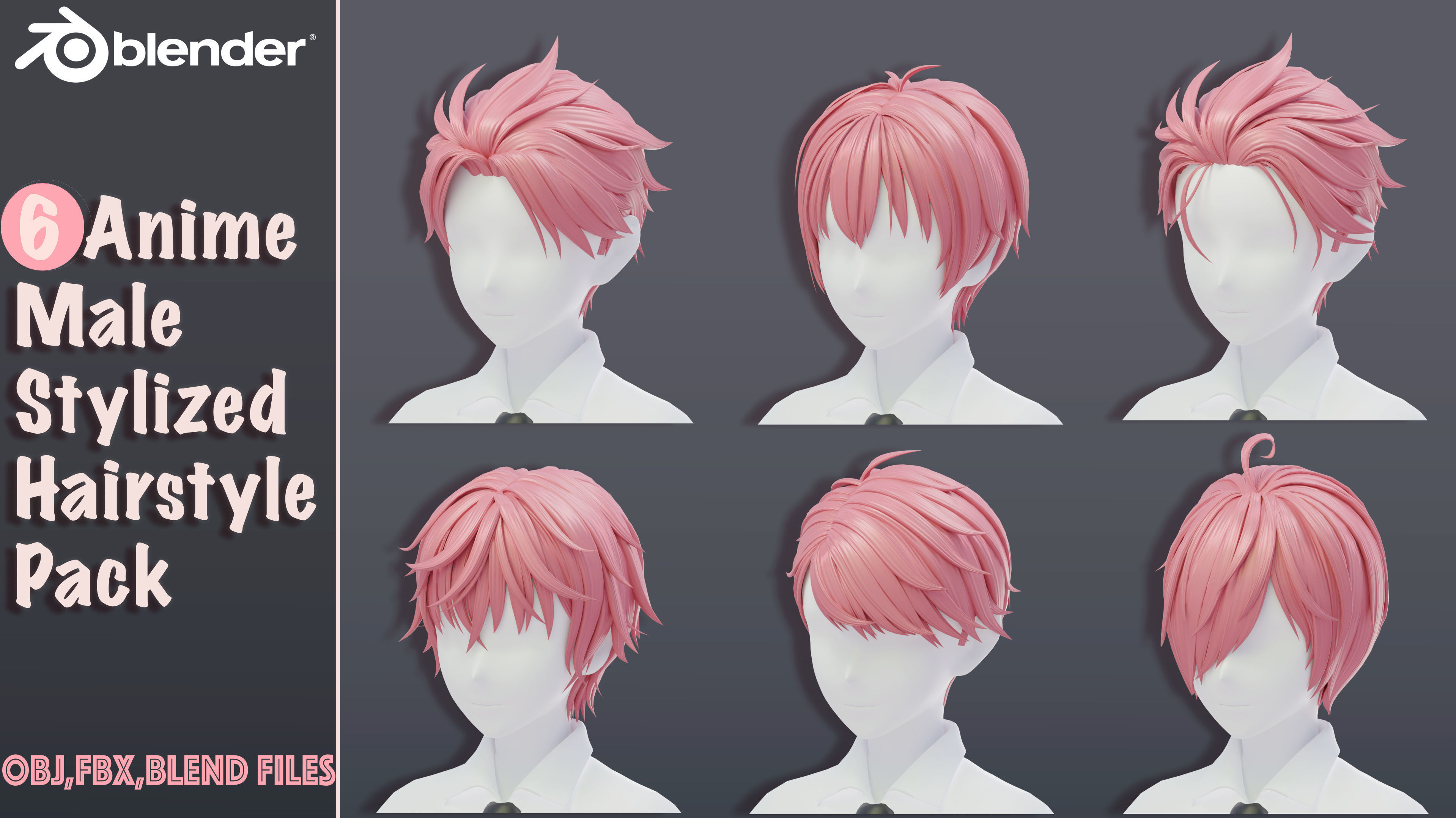 6 Stylized Anime Male Hairstyle Pack-low poly-blend-OBJ-FBX Low-poly 3D model_3