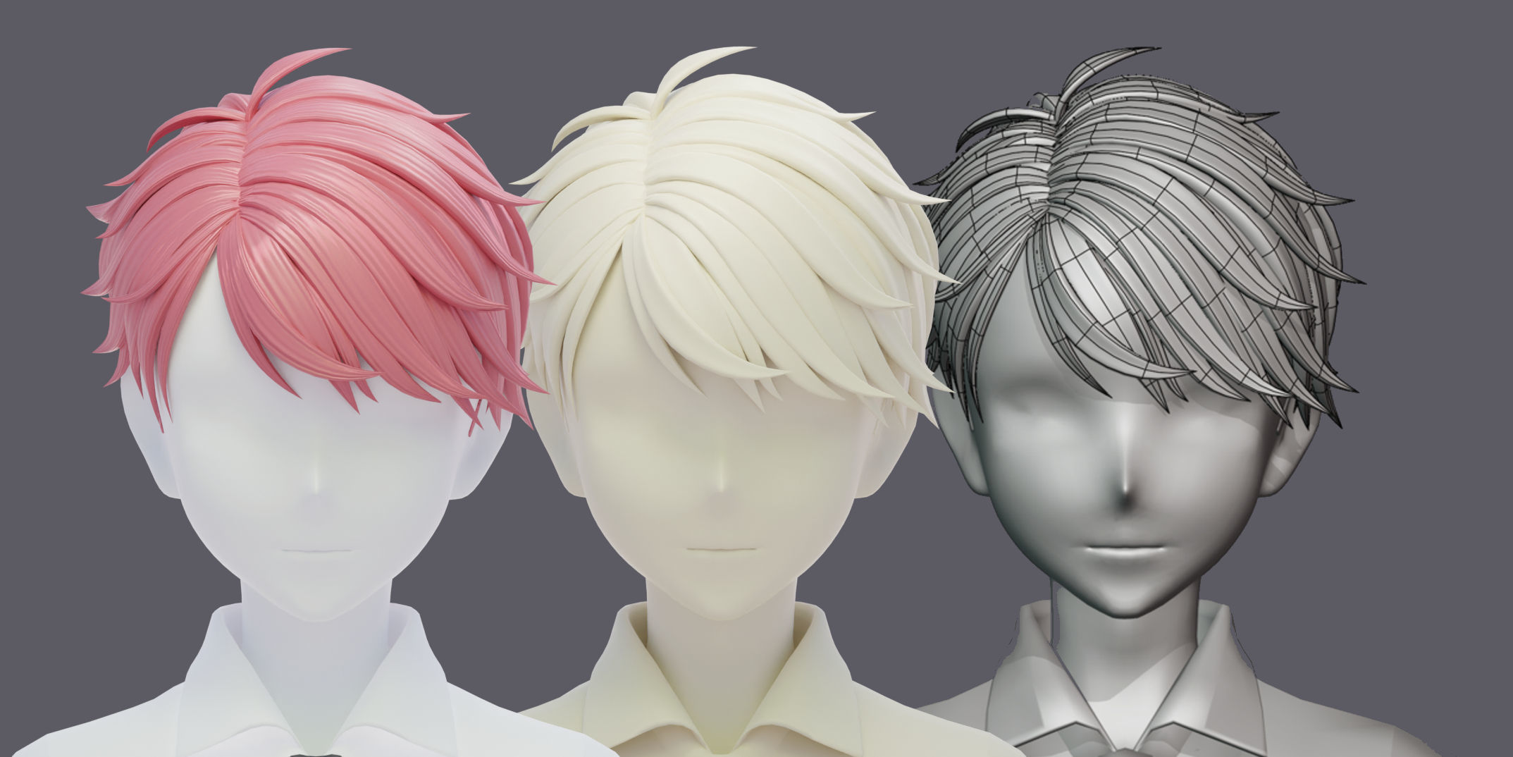 6 Stylized Anime Male Hairstyle Pack-low poly-blend-OBJ-FBX Low-poly 3D model_17
