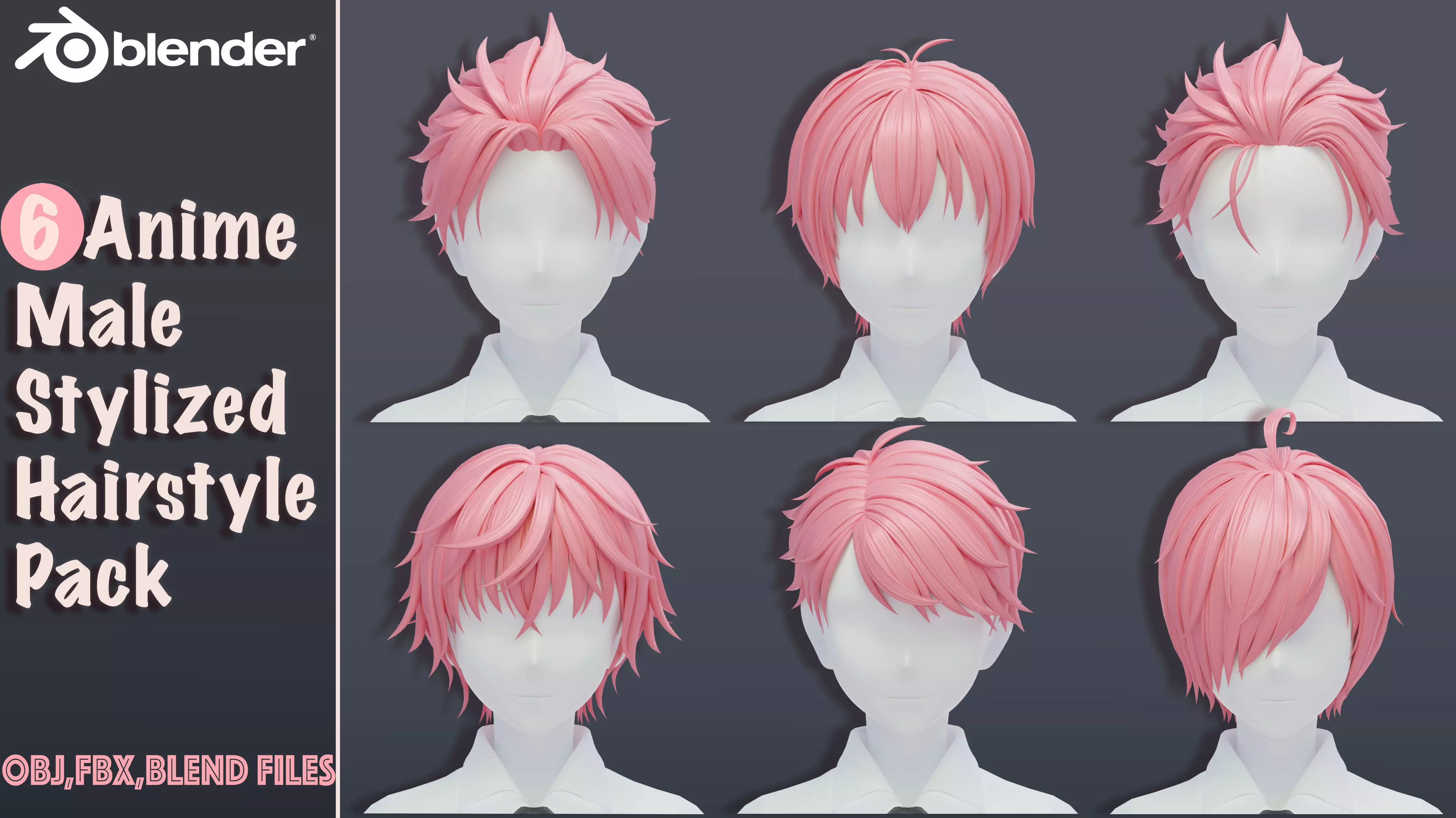 6 Stylized Anime Male Hairstyle Pack-low poly-blend-OBJ-FBX Low-poly 3D model_0