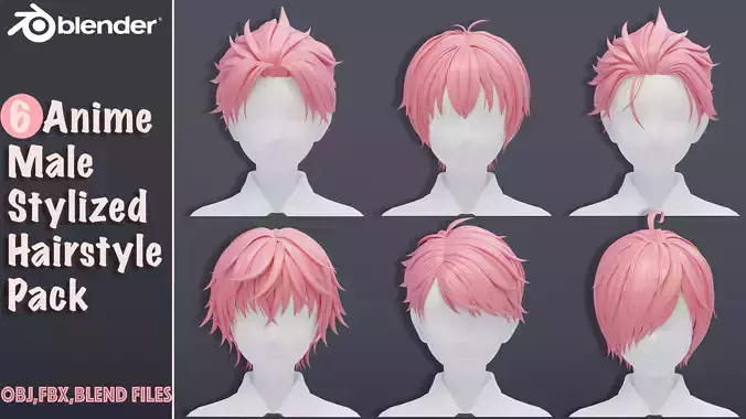 6 Stylized Anime Male Hairstyle Pack-low poly-blend-OBJ-FBX Low-poly 3D model
