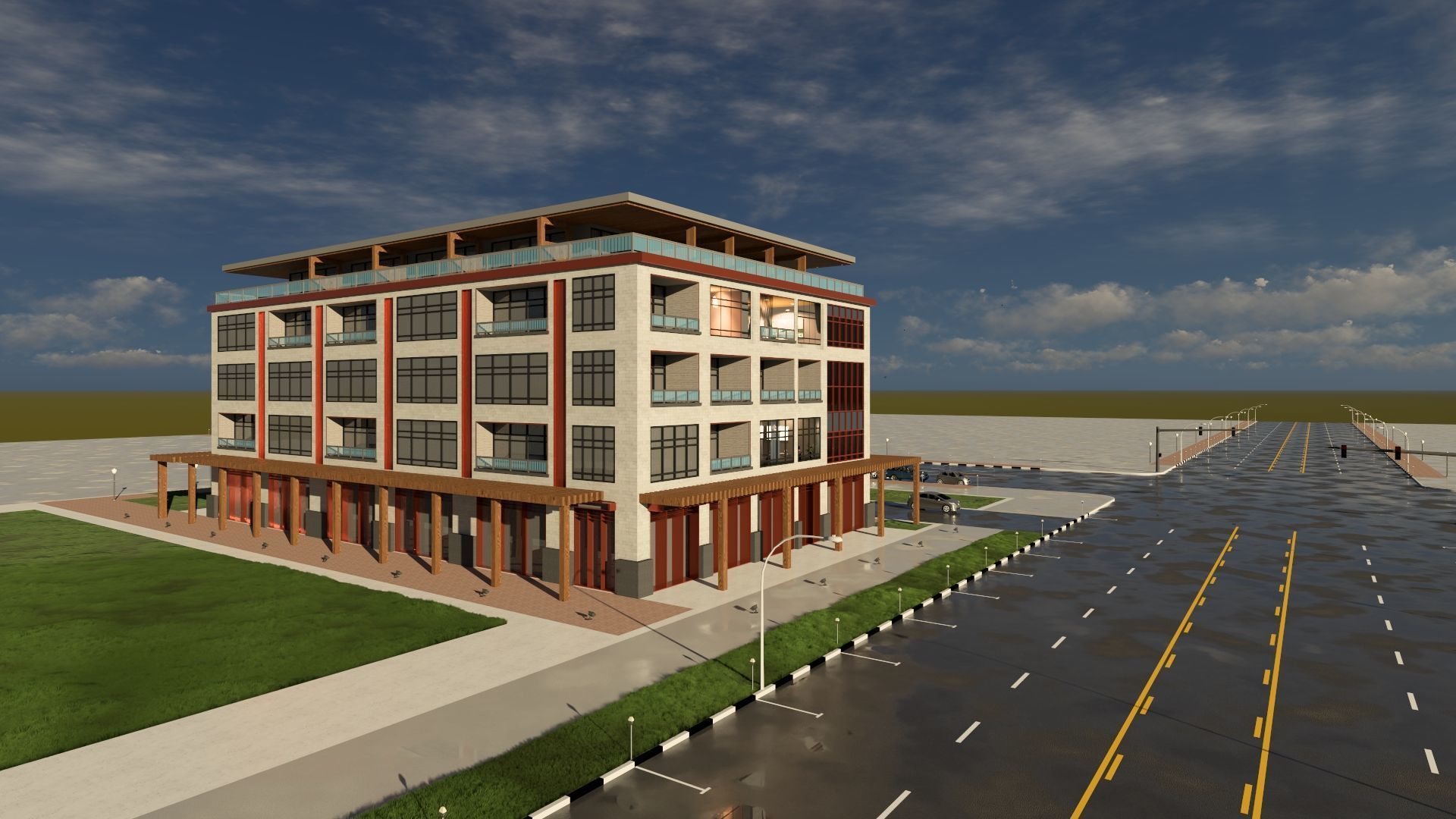Mixed Use Building Multi Family American Modern 3D model_10
