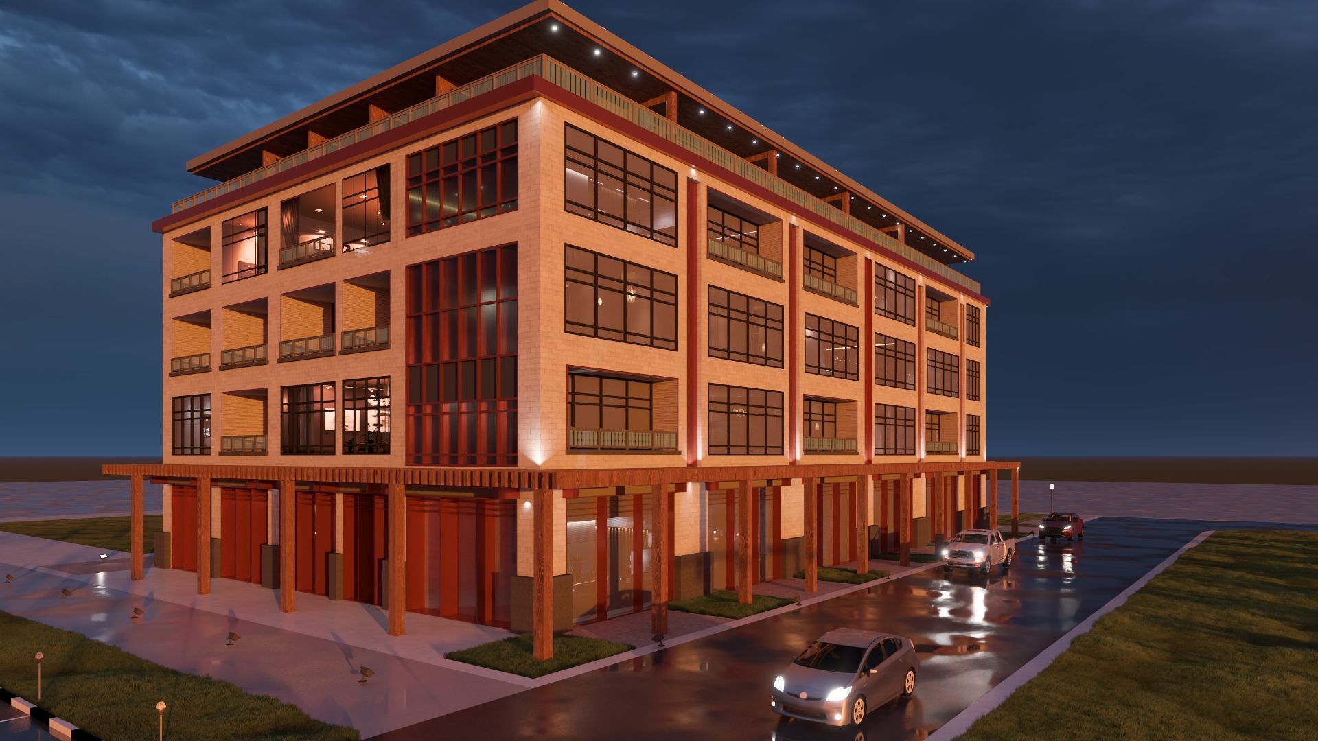 Mixed Use Building Multi Family American Modern 3D model_8
