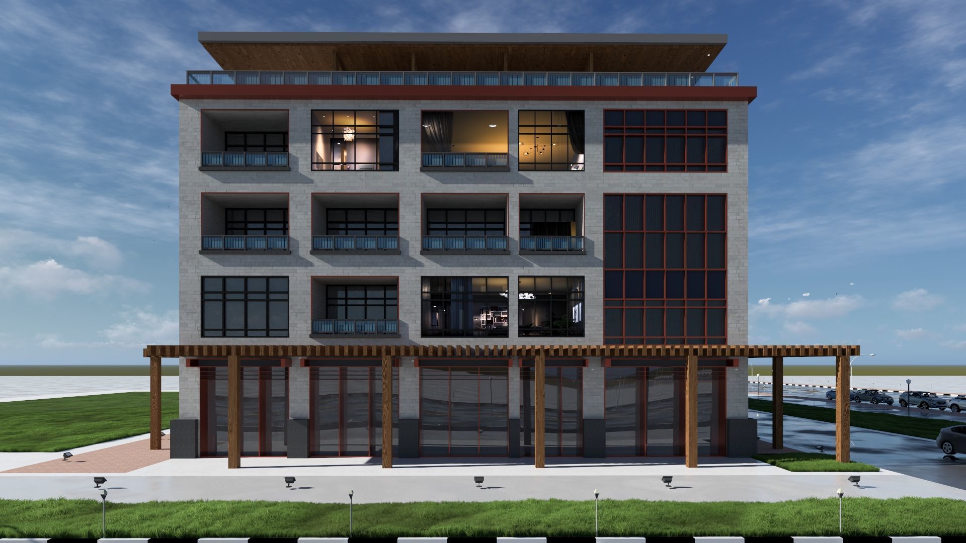 Mixed Use Building Multi Family American Modern 3D model_11