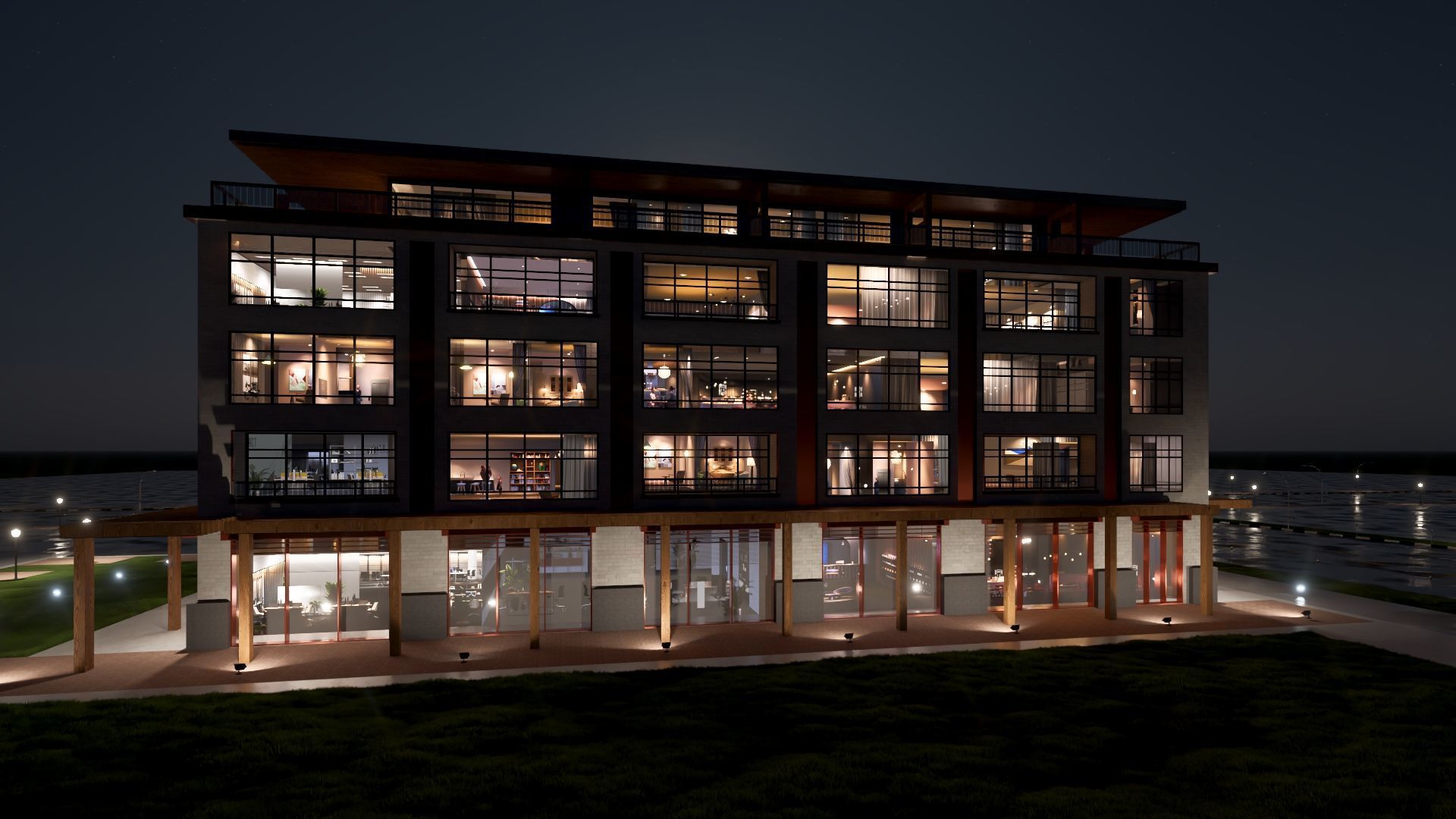 Mixed Use Building Multi Family American Modern 3D model_4