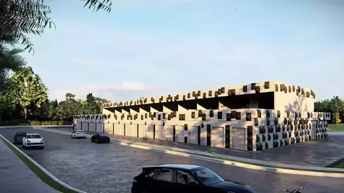 Modern Commercial Complex 3D Model with Geometric Facade Design