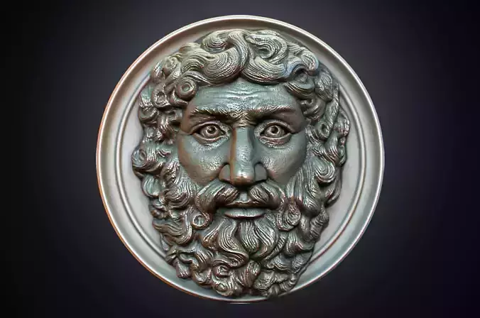 Zeus head ancient Roman army emblem copper plate relief