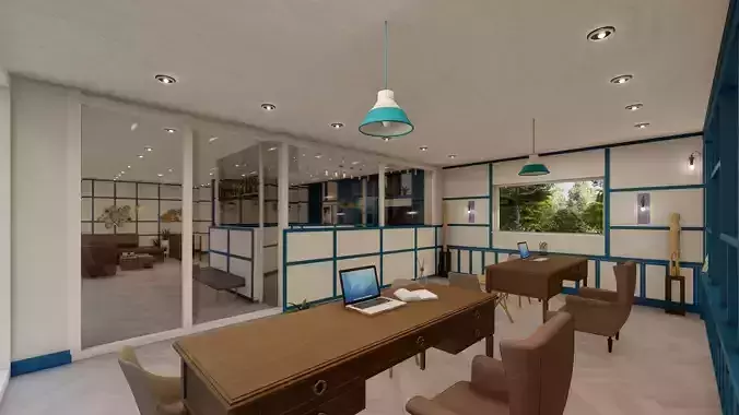  Modern Office 3D Model with Wooden and Blue Accents