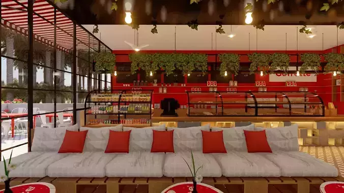 Cozy Cafe Interior with Custom Wooden and Concrete 3D model
