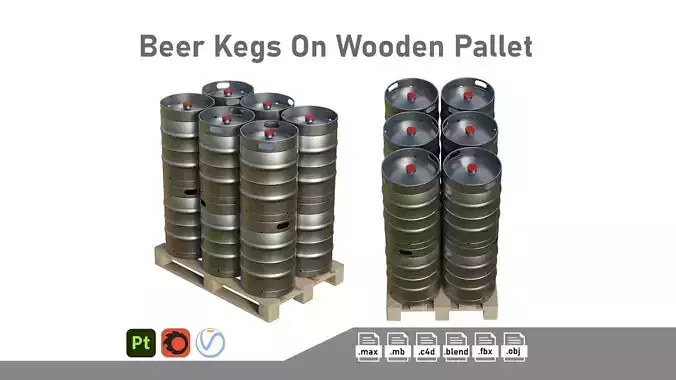 Beer Kegs On Wooden Pallet 3D model