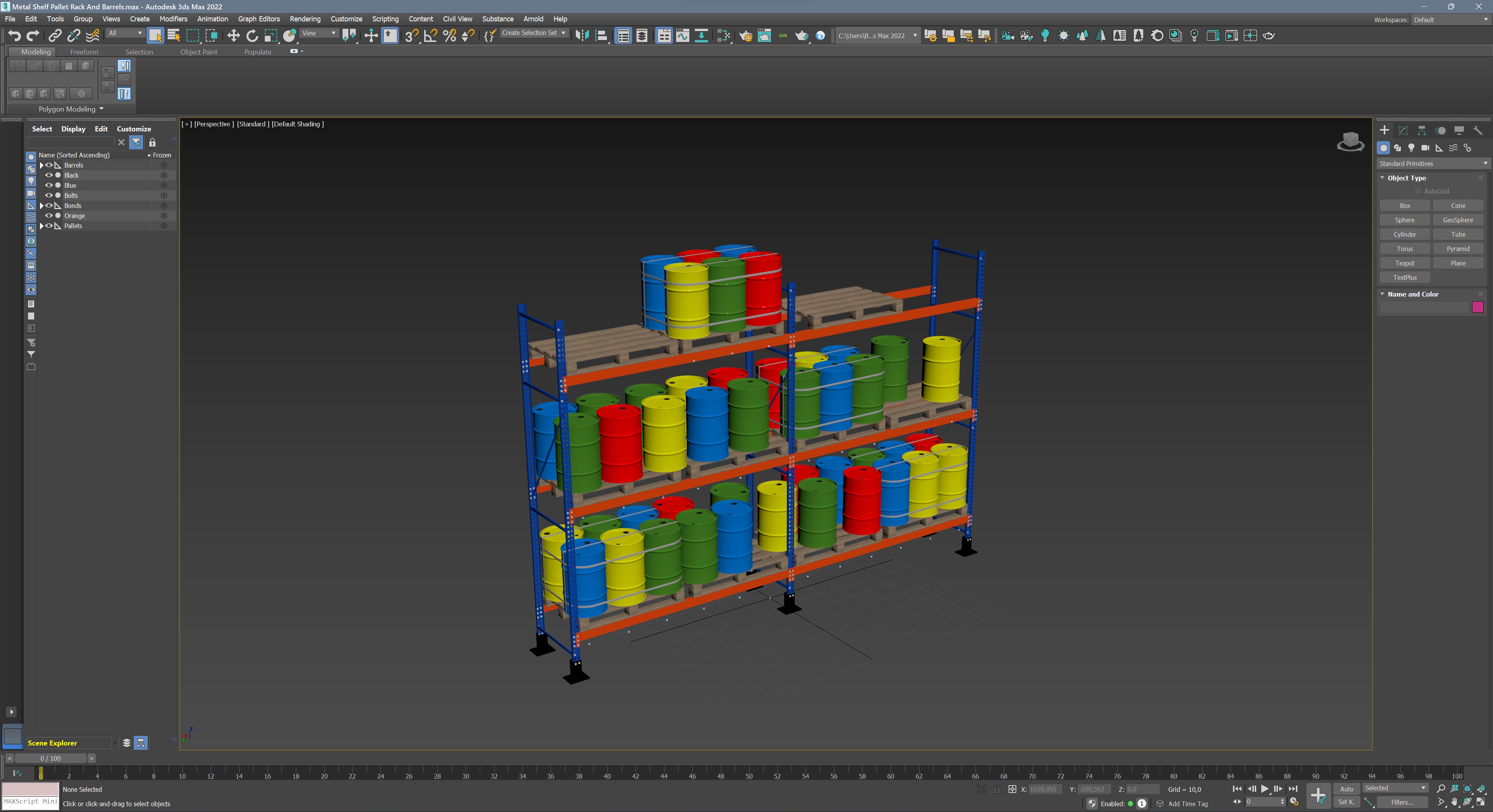 Metal Shelf Pallet Rack And Barrels 3D model_14