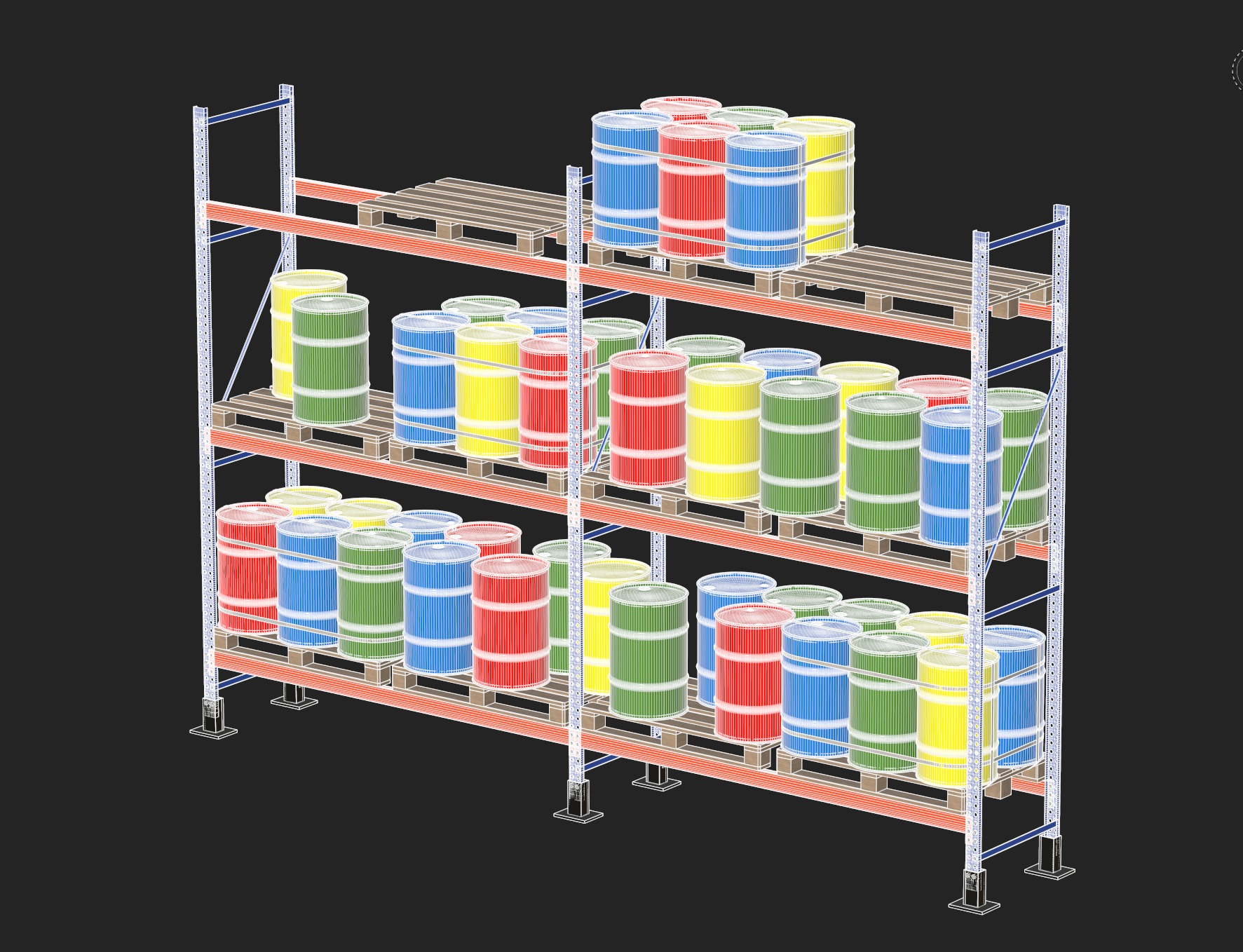 Metal Shelf Pallet Rack And Barrels 3D model_16