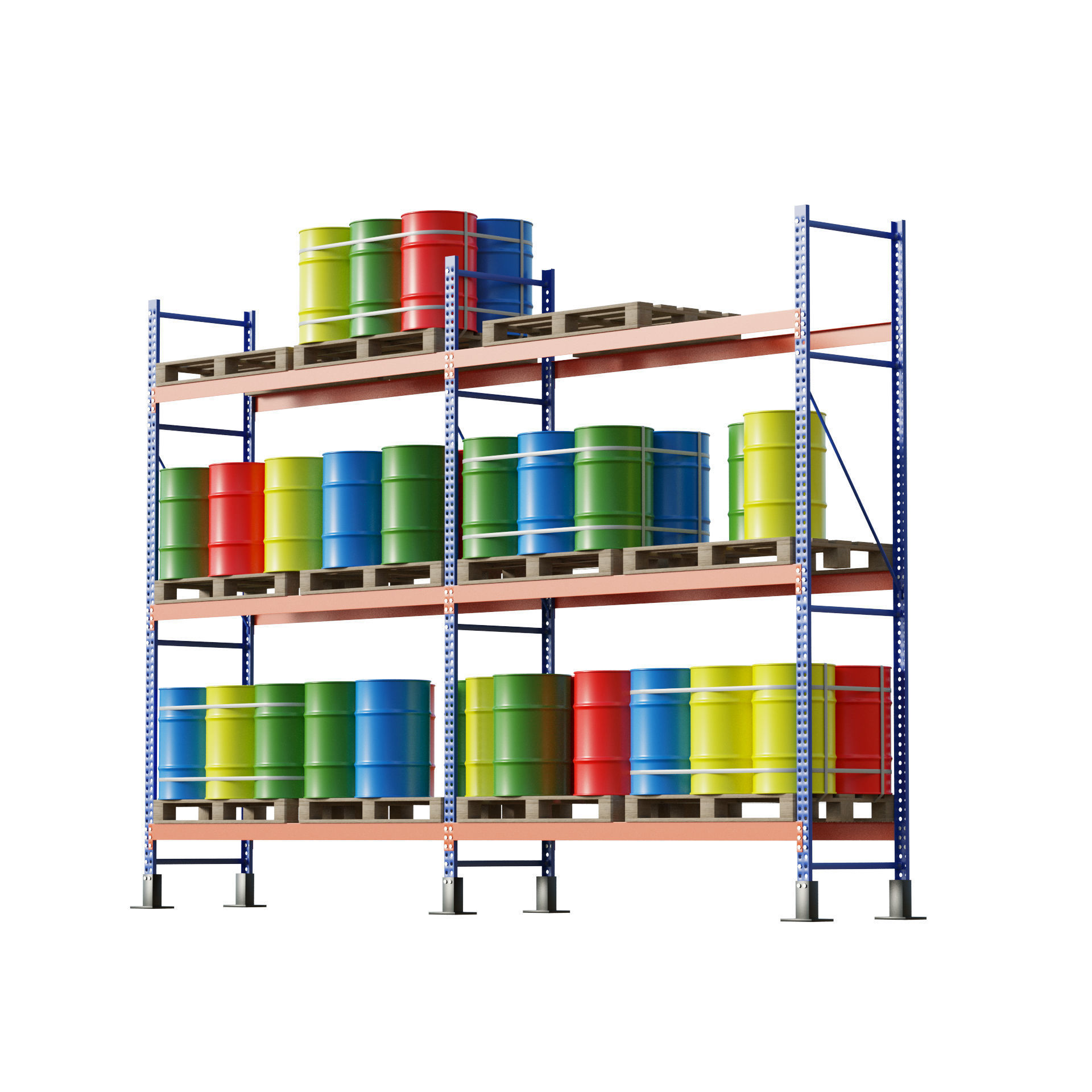 Metal Shelf Pallet Rack And Barrels 3D model_10
