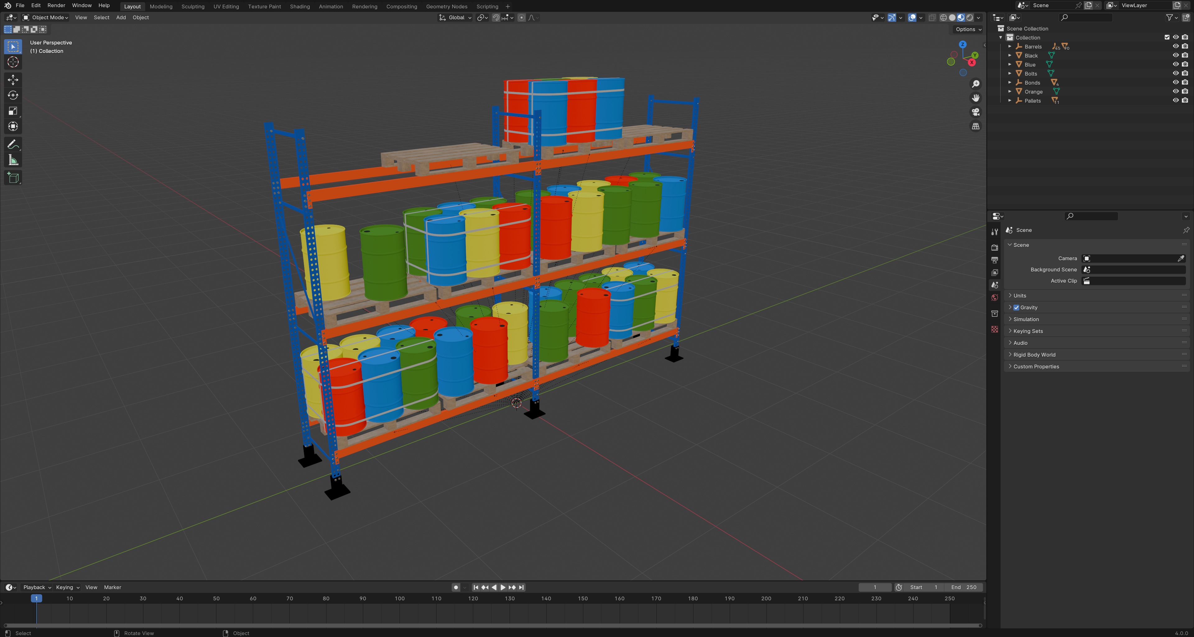 Metal Shelf Pallet Rack And Barrels 3D model_12