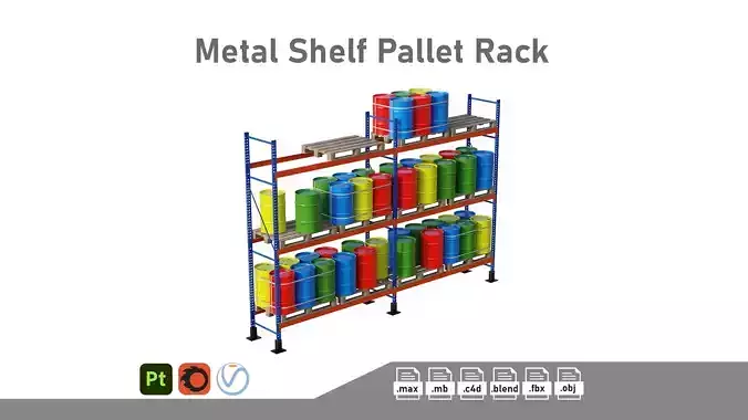 Metal Shelf Pallet Rack And Barrels 3D model