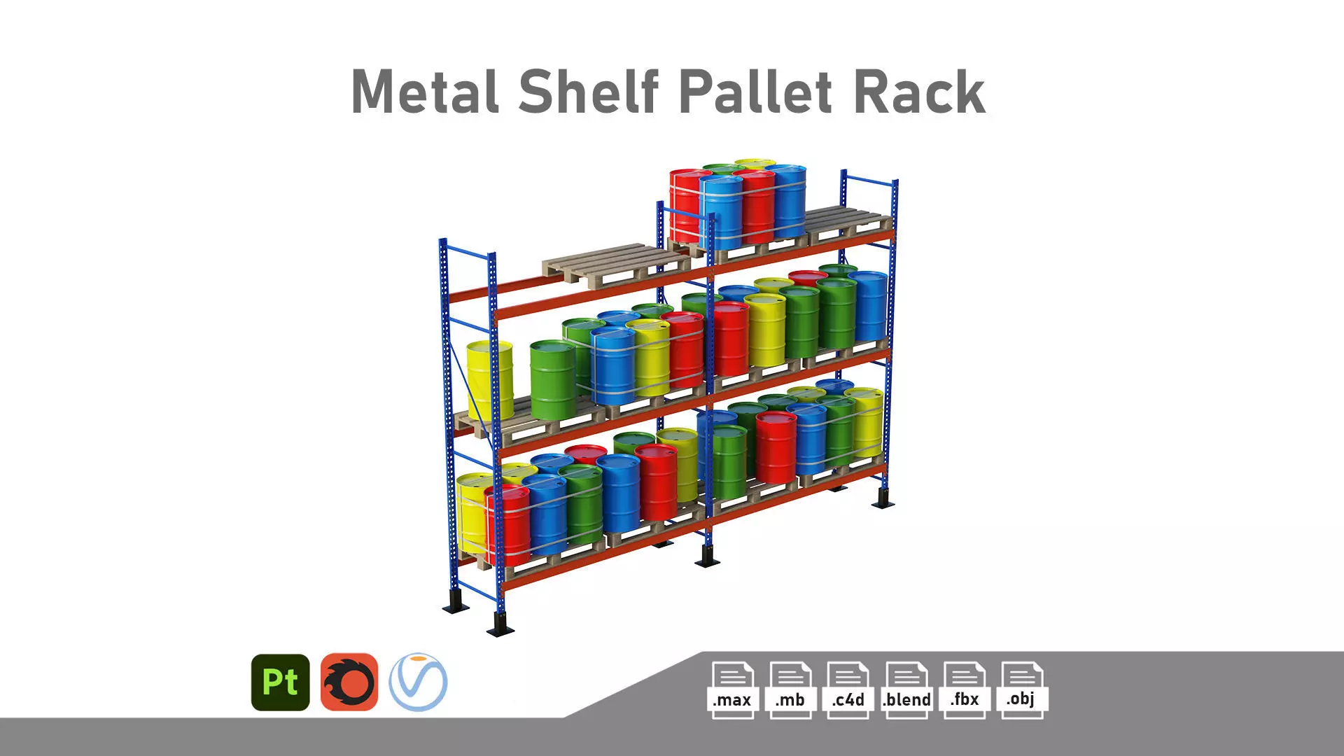 Metal Shelf Pallet Rack And Barrels 3D model_0