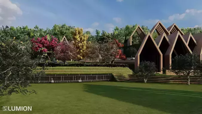 Contemporary Wooden Cabins with Futuristic Pink Trees