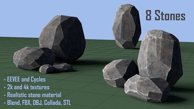 Pack of 8 Low-Poly Stones Low-poly 3D model