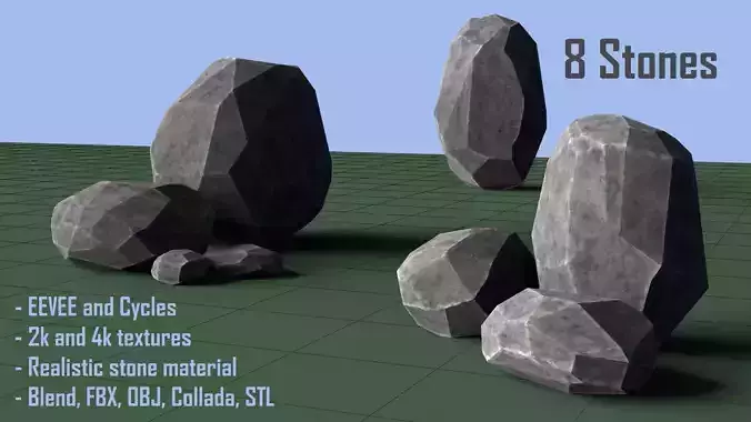 Pack of 8 Low-Poly Stones Low-poly 3D model