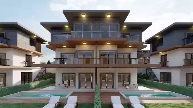 Modern 3D Villa Complex with Private Pools and Elegant 