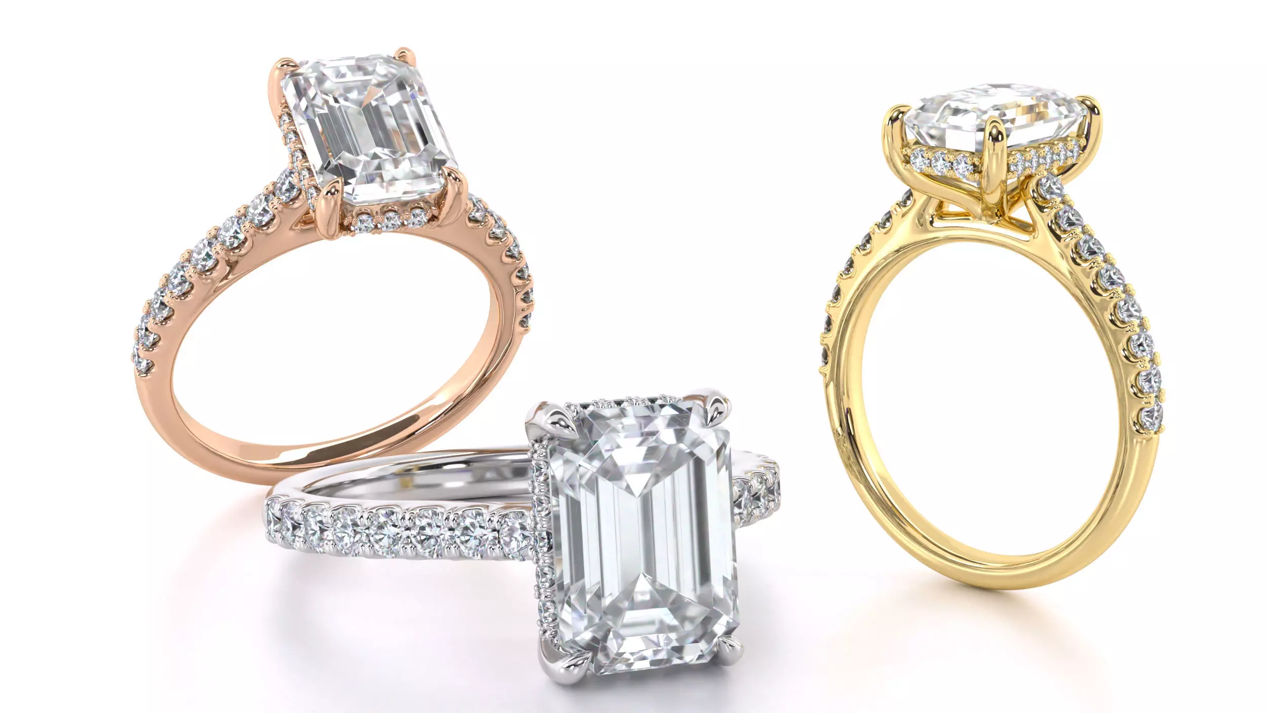 Emerald Cut Hidden Halo Engagement Rings 3D print model