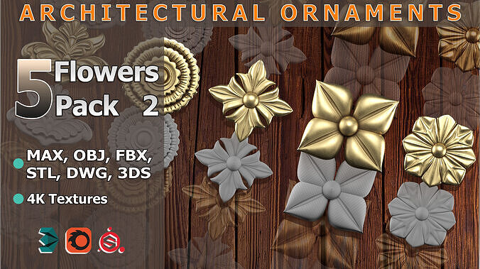 5 Flowers Ornamental Pack Quad Mesh 4K PBR textures Vol-02 3D model