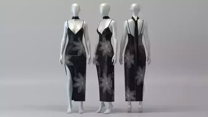 Floral Deep V Neck Dress with Scarf