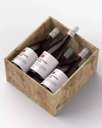 3D model of 6 bottles of wine in a closed and open wooden box
