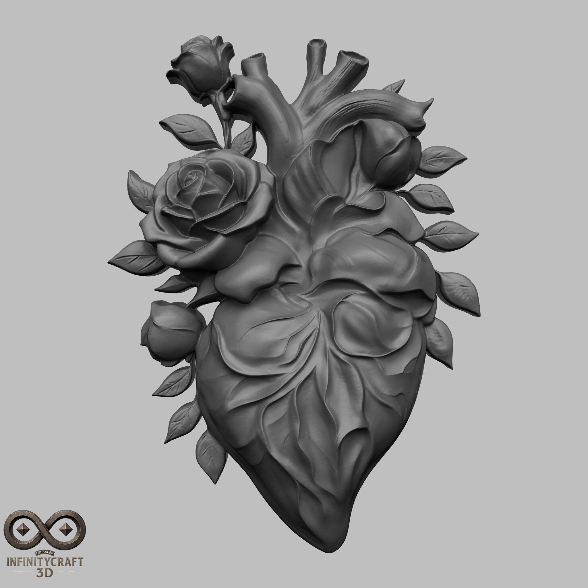 Rose Heart Sculpture STL file for 3d printing or CNC 3D print model_1