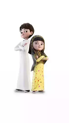 Boy and girl Arab kid 3D character with Texture Rig Hair