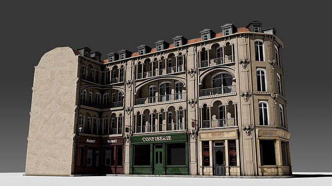 3 piece modular European Store front Apartment Building 3D model 3