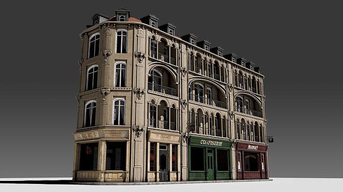 3 piece modular European Store front Apartment Building 3D model 2