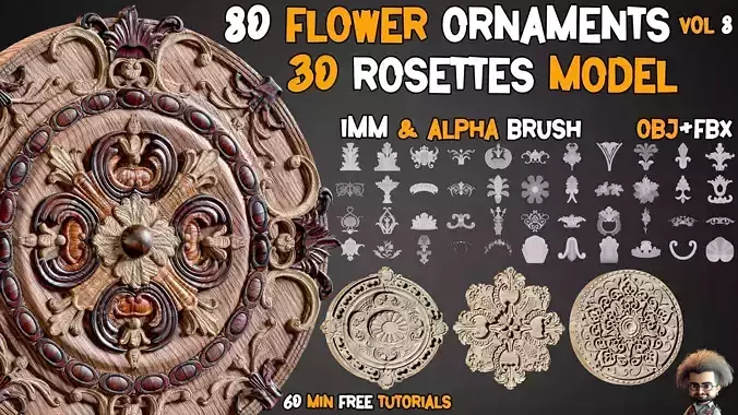 80 Flower Ornaments and 30 Rosettes 3D Model  Tutorials  Vol 8  