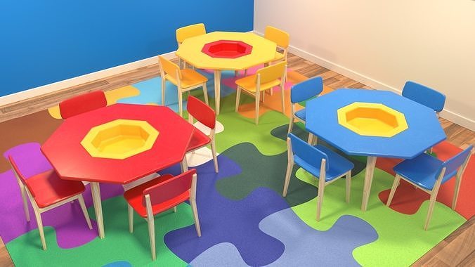 Kids tables and puzzle mat 3D model