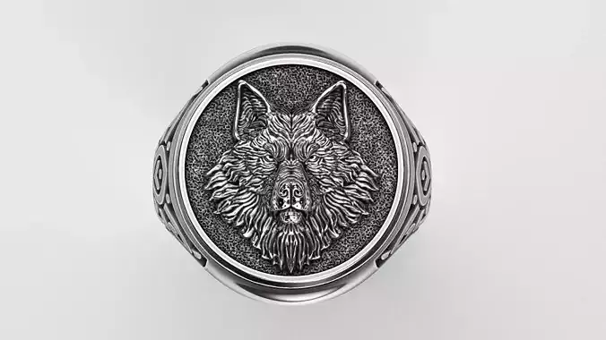 Men ring with a wolf and an ornament 3D print model