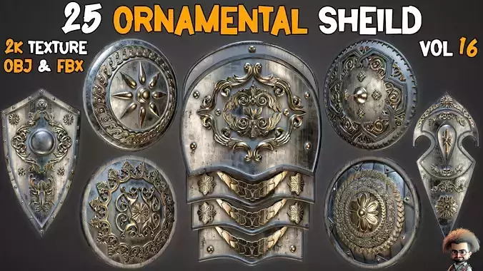 25 Ornamental Shield 3D Models  LowPoly and Texture  Vol 16