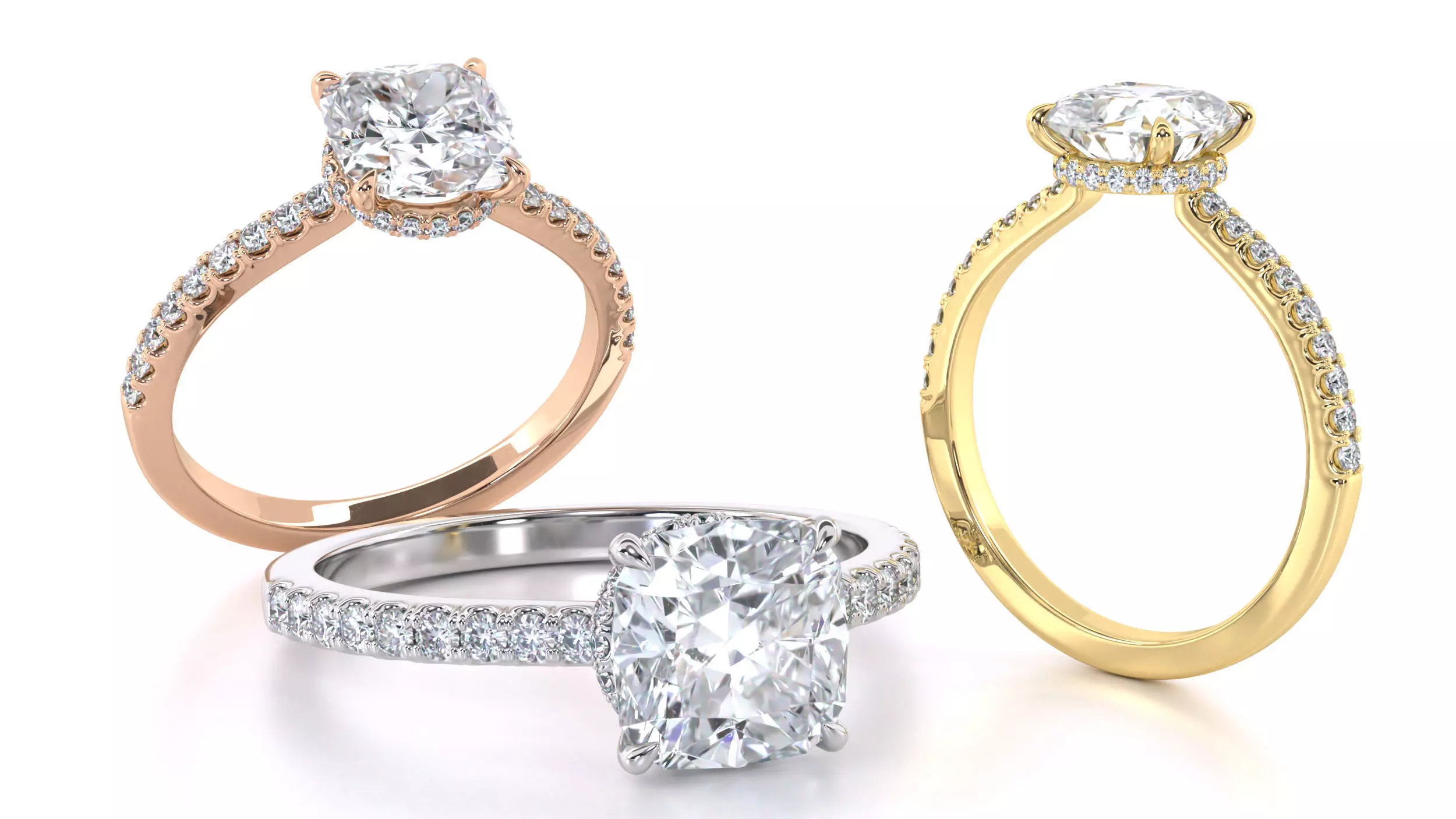 Cushion Cut Hidden Halo Engagement Ring 3D print model_0