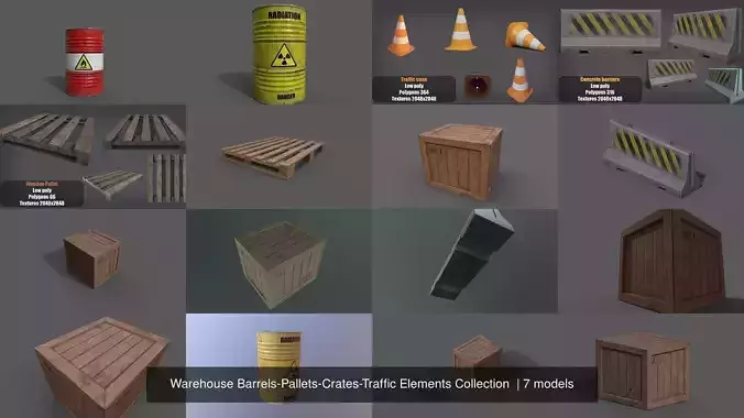 Warehouse Barrels-Pallets-Crates-Traffic Elements Collection 
