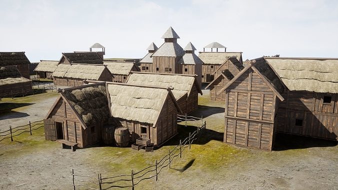 Medieval village wooden houses Low-poly 3D model