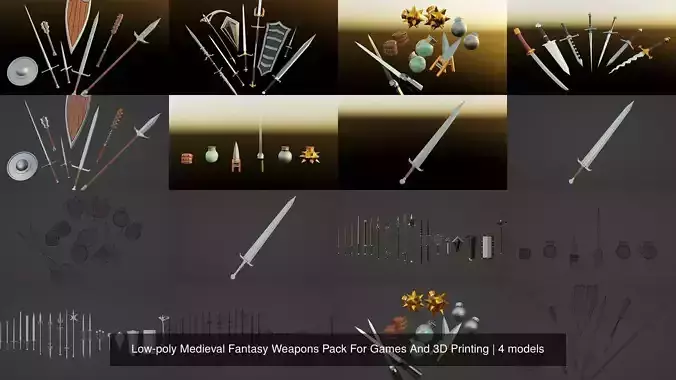 Low-poly Medieval Fantasy Weapons Pack For Games And 3D Printing