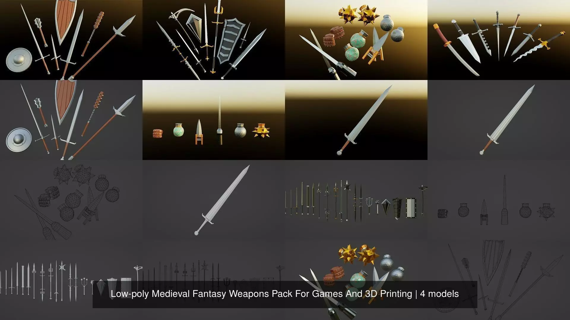 Low-poly Medieval Fantasy Weapons Pack For Games And 3D Printing 3D Model Collection_0