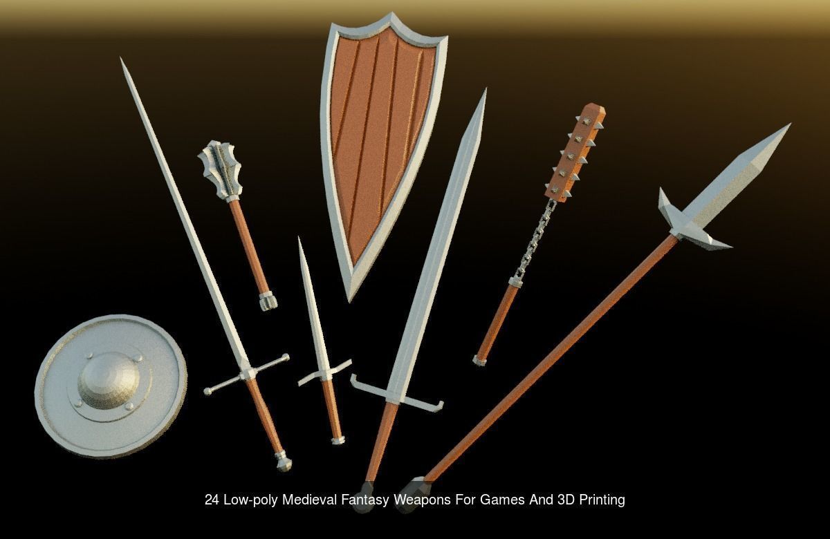 Low-poly Medieval Fantasy Weapons Pack For Games And 3D Printing 3D Model Collection_1
