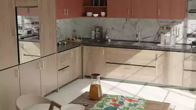 Modern Kitchen Render - Light Wood and Neutral Tones Free 3D model